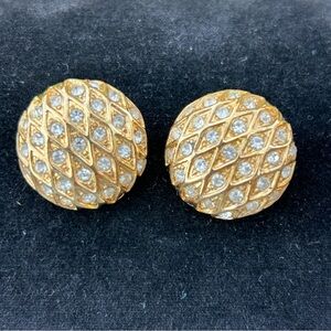 Vintage St John Earrings Round Diamond Textured Crystal Rhinestones